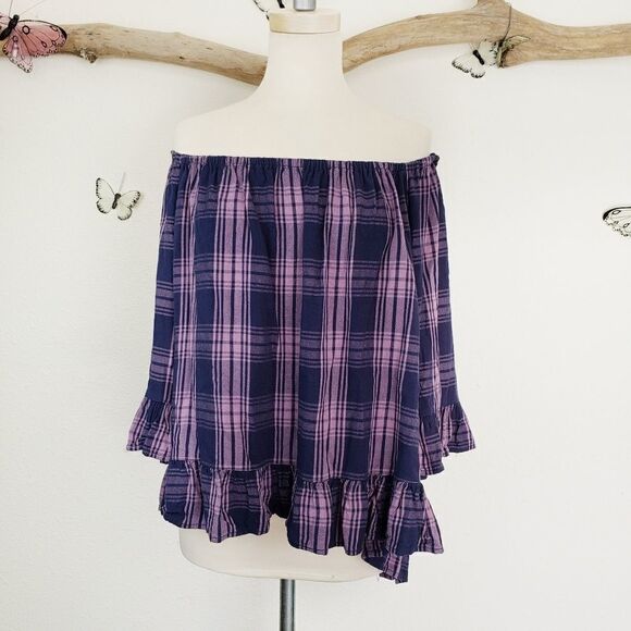 Beachlunchlounge off shoulder plaid ruffle top - Picture 1 of 7